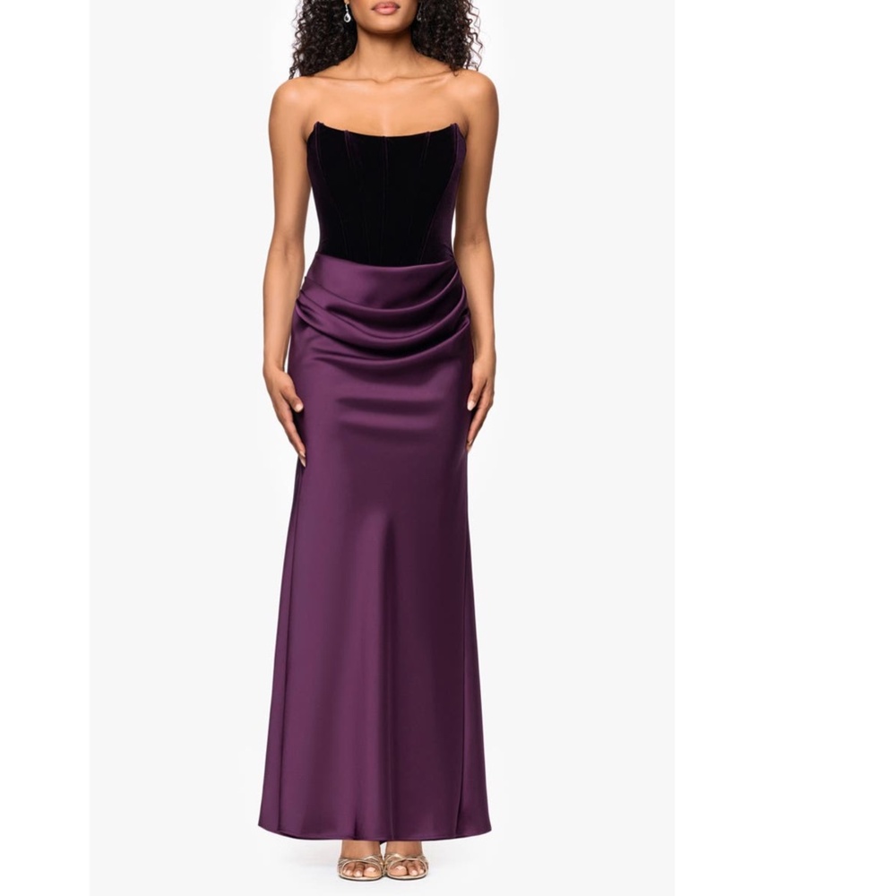 NEW Betsy & Adam PLUM Strapless CORSET Bustier VELVET  & SATIN Draped GOWN 4 - Picture 2 of 13